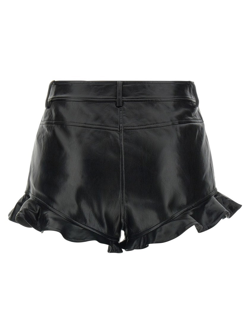 Self-Portrait High-Waisted Black Ruffled Hem Leather-Effect Shorts