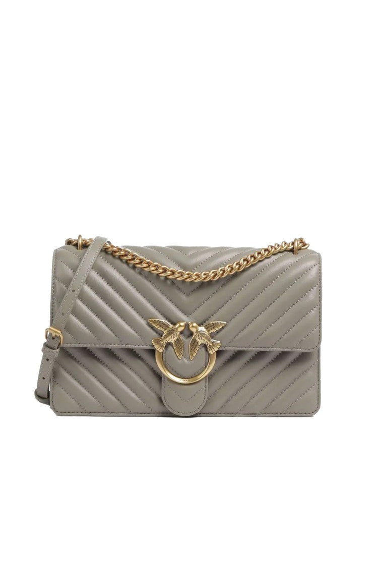 Pinko Beige Chevron-Quilted Love-Bird Clasp Leather Shoulder Bag