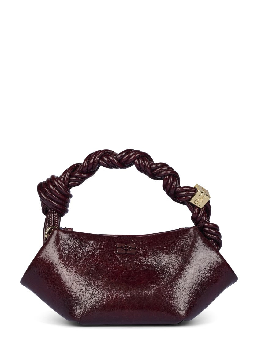 Ganni Burgundy Glossy Elongated Twisted Handle Shoulder Bag