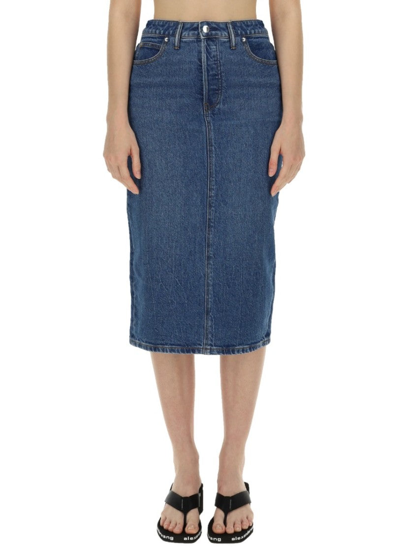 T By Alexander Wang Classic Denim Midi Skirt With Button Front