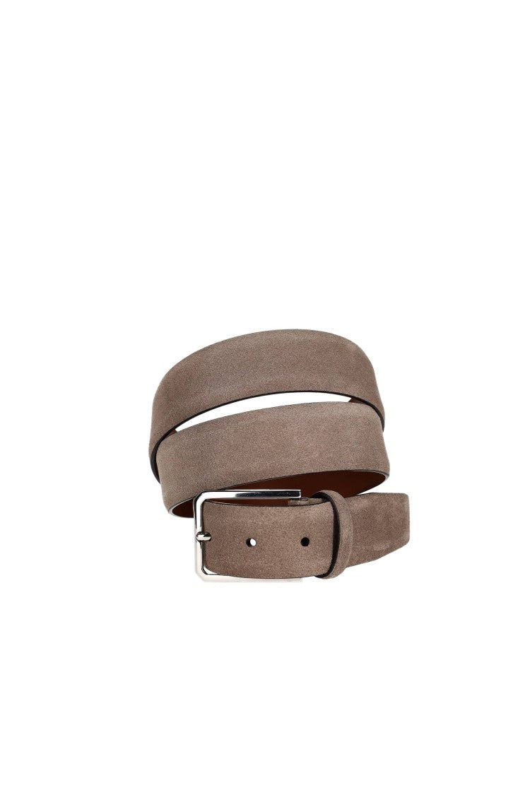 Santoni Refined Taupe Suede Belt With Silver Buckle