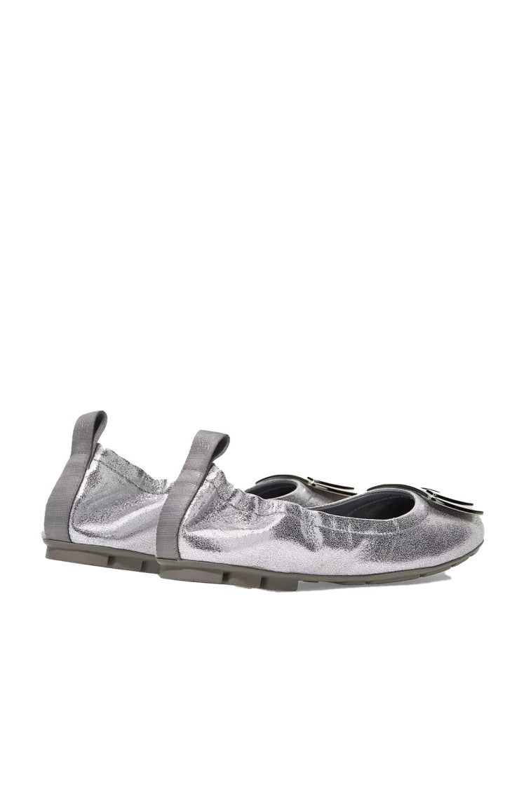 Hogan Silver Logo Buckle Elasticated Metallic Leather Ballet Flats