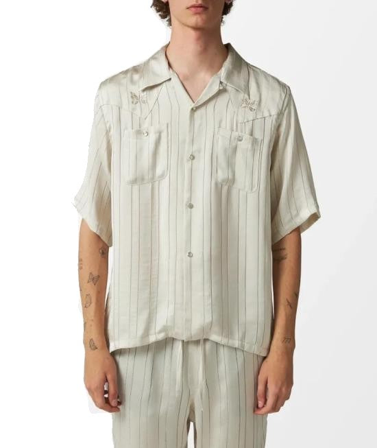 Needles Textured Black Short-Sleeved Shirt With Vertical Stripes And Pockets