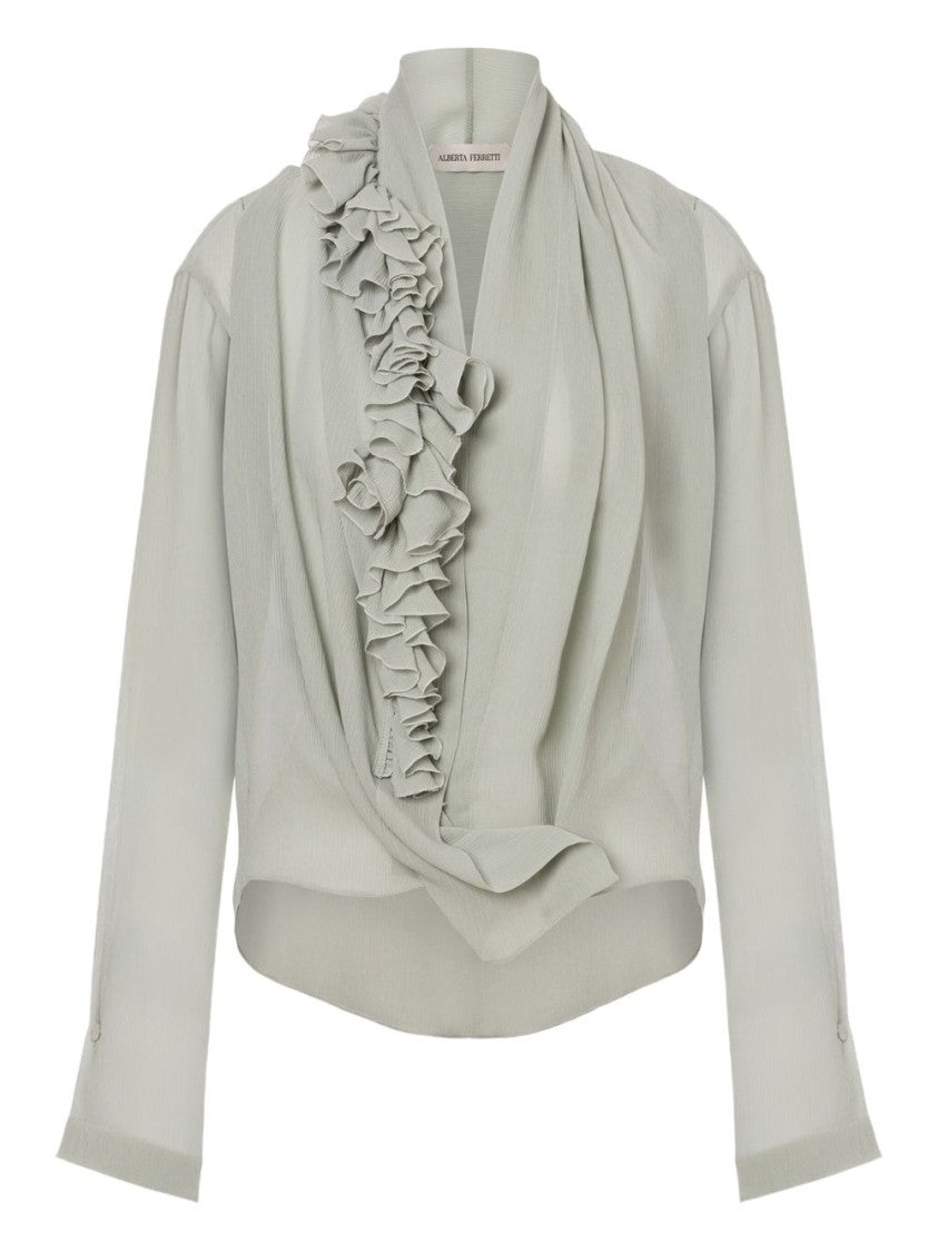 Alberta Ferretti Light Gray Ruffle Blouse With Deep V-Neckline