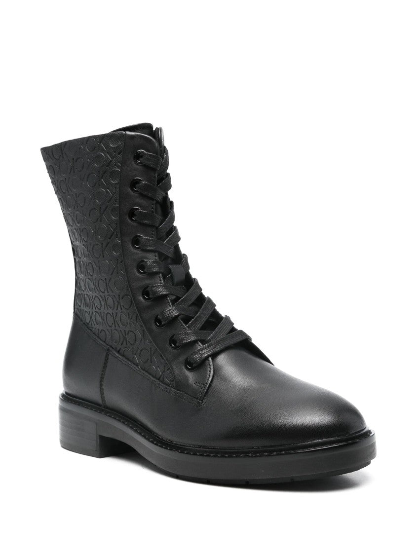 Calvin Klein Black Mono Mix Flat Combat Leather Ankle Boots