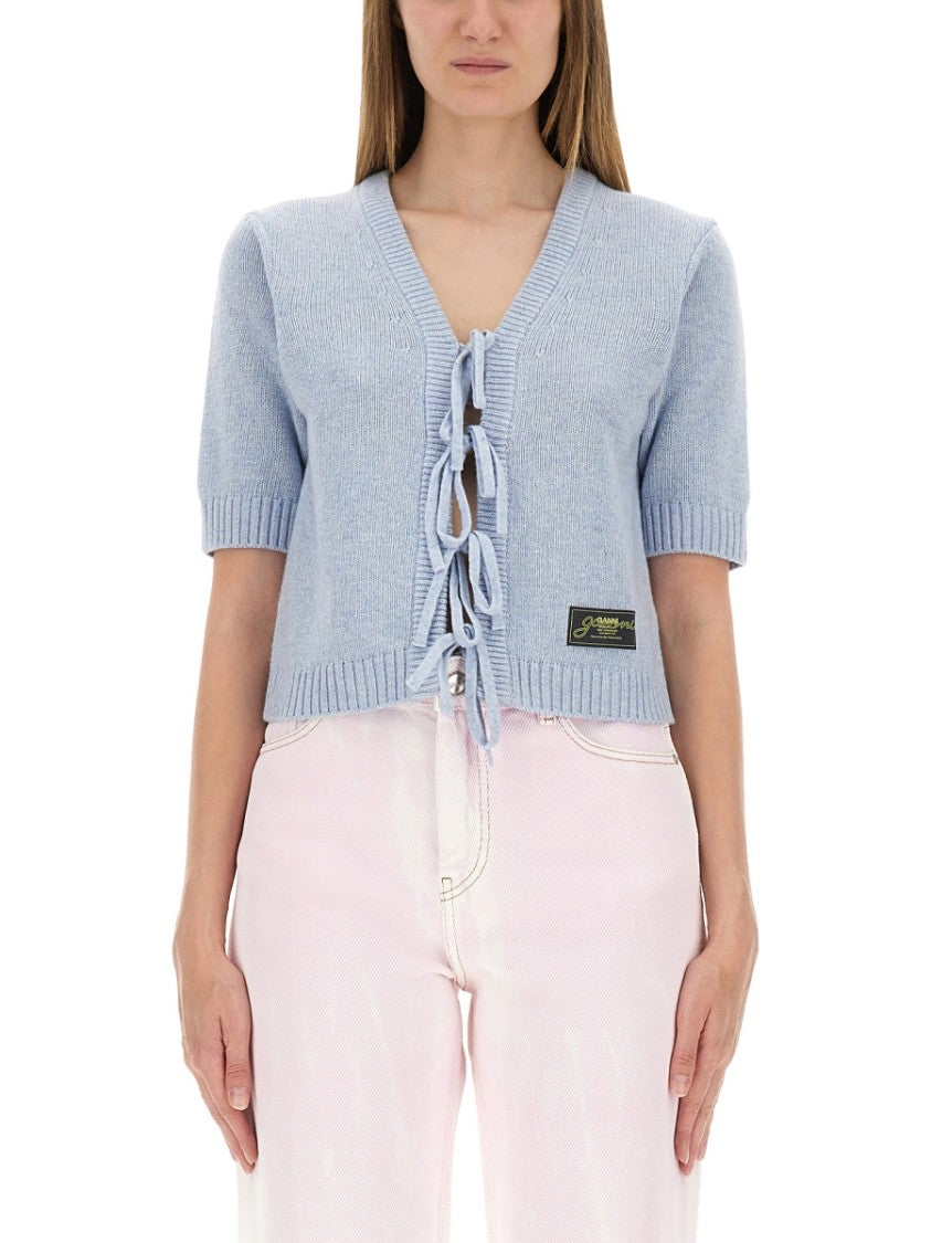 Ganni Cropped Cardigan With Playful Bow Accents