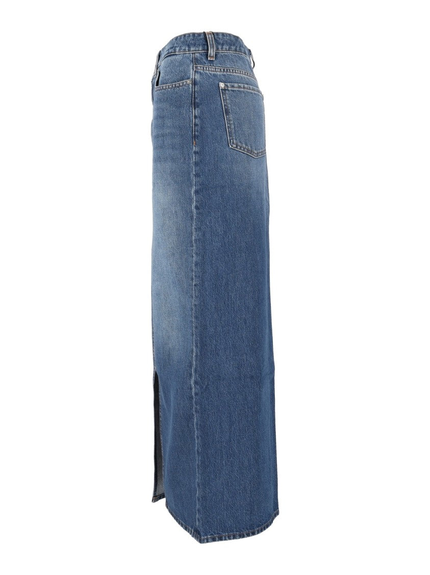 7 For All Mankind Dark Grey Darkwind Denim Front-Slit Maxi Skirt