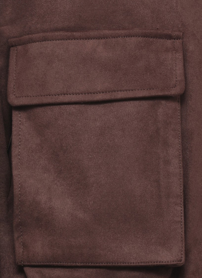 D. Exterior Brown Synthetic Leather Zip Bomber Jacket