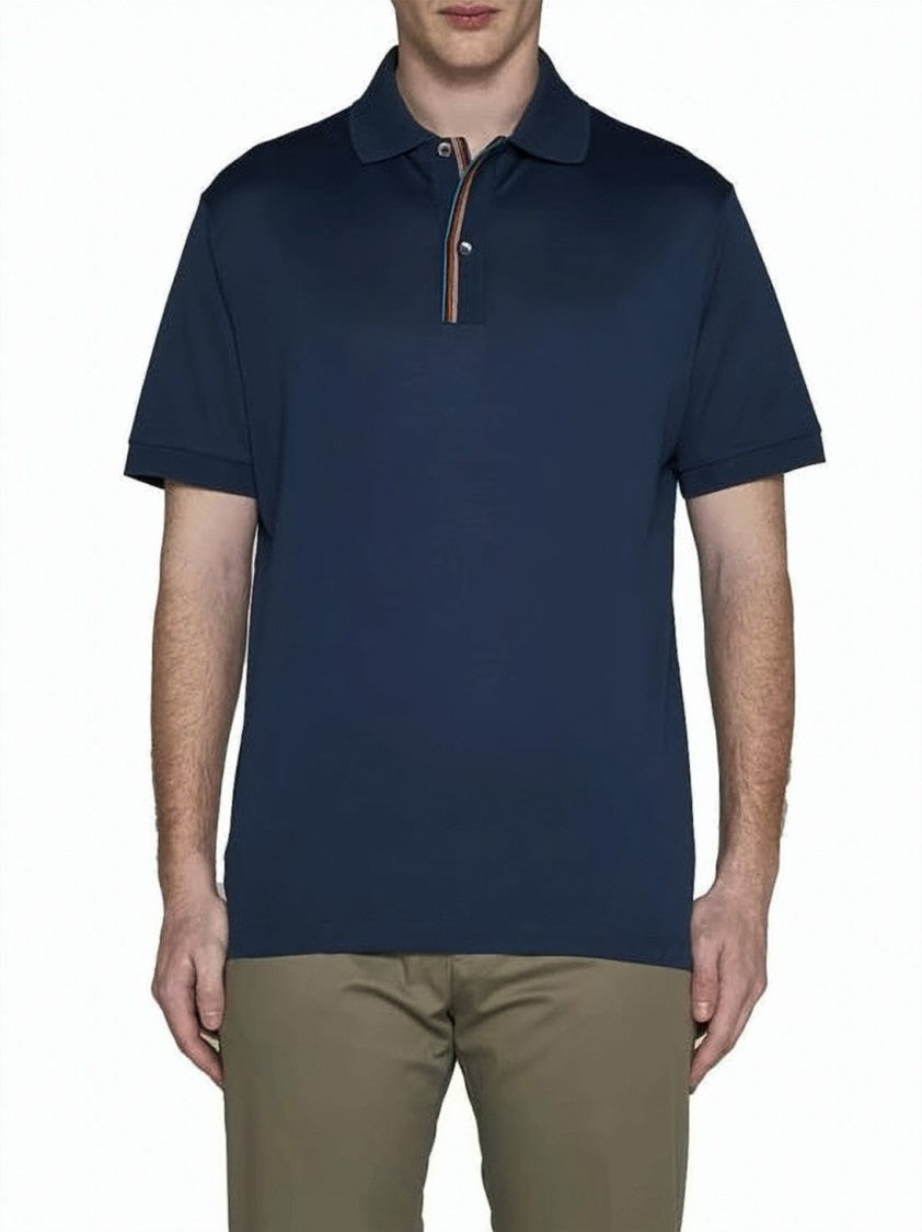 Paul Smith Classic Blue Polo Shirt With Striped Button Placket