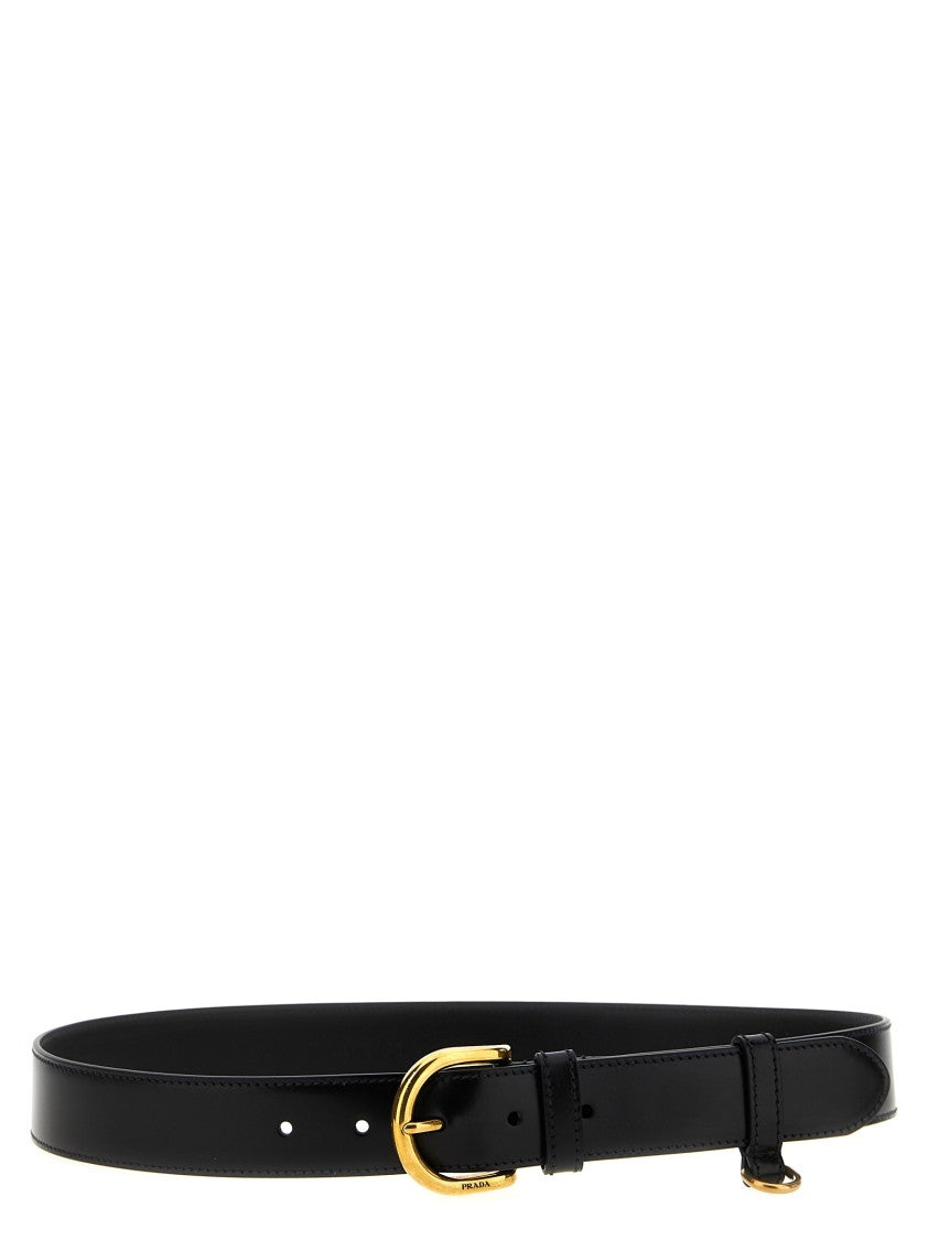 Prada Polished Black Leather Belt With Gold-Tone Buckle
