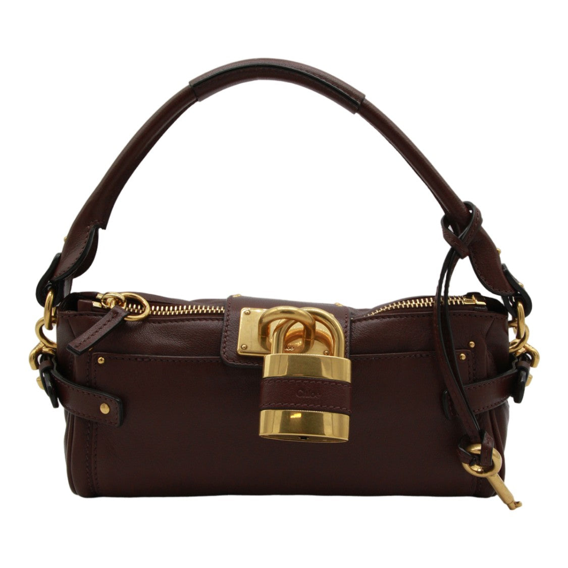Chloé Rectangular Dark Brown Leather Handbag With Gold Tone Lock