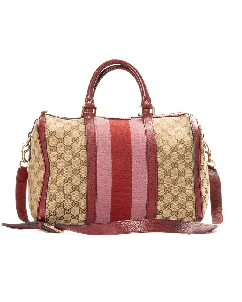 Gucci Medium Boston Bag With Gg Supreme Canvas And Pink Leather Accents