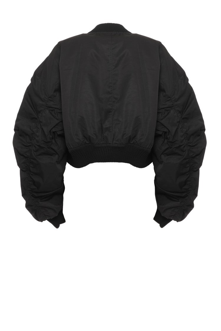 Rick Owens Cropped Ruched Black Bomber Jacket With Structured Silhouette