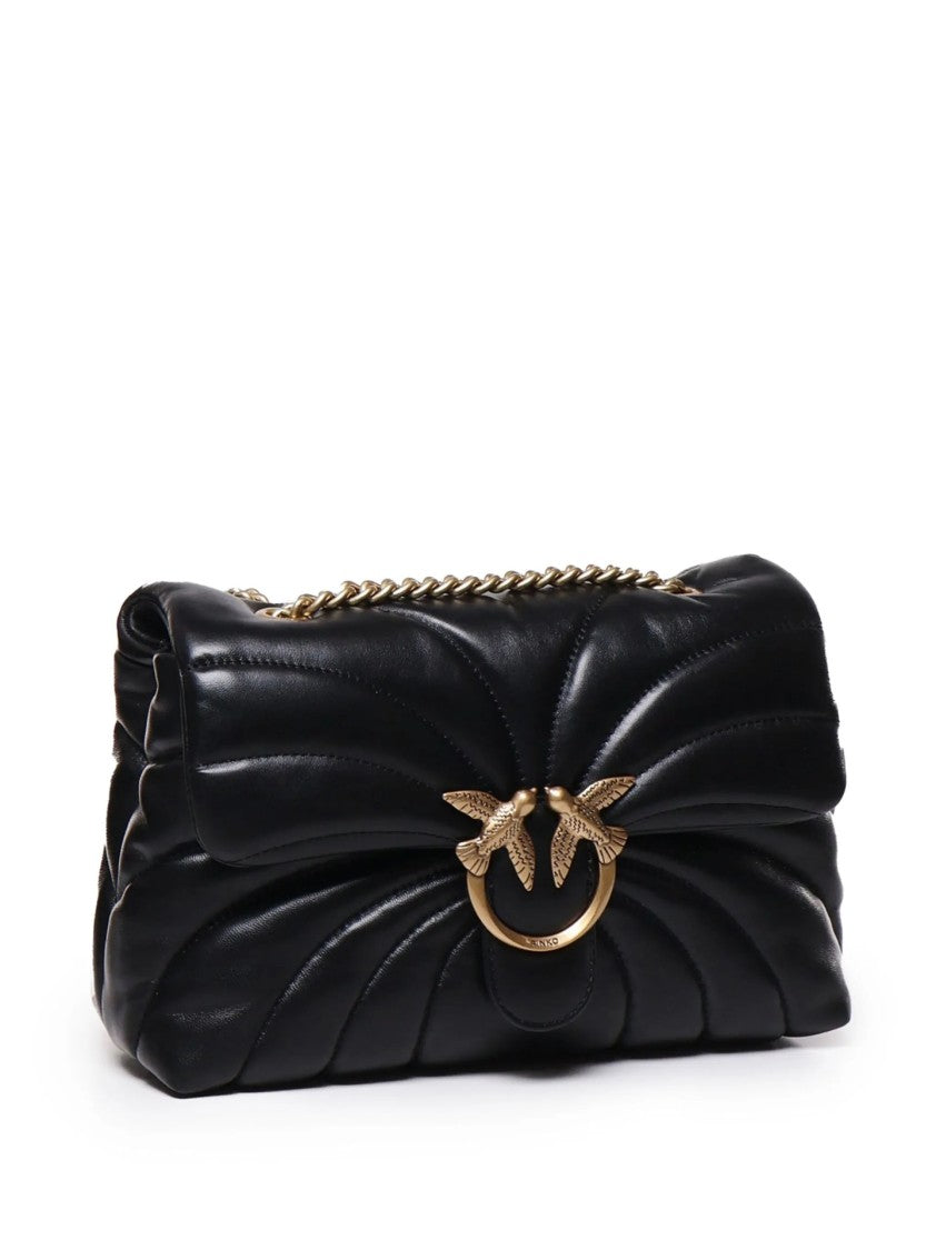 Pinko Quilted Black Handbag With Decorative Emblem And Chain Strap