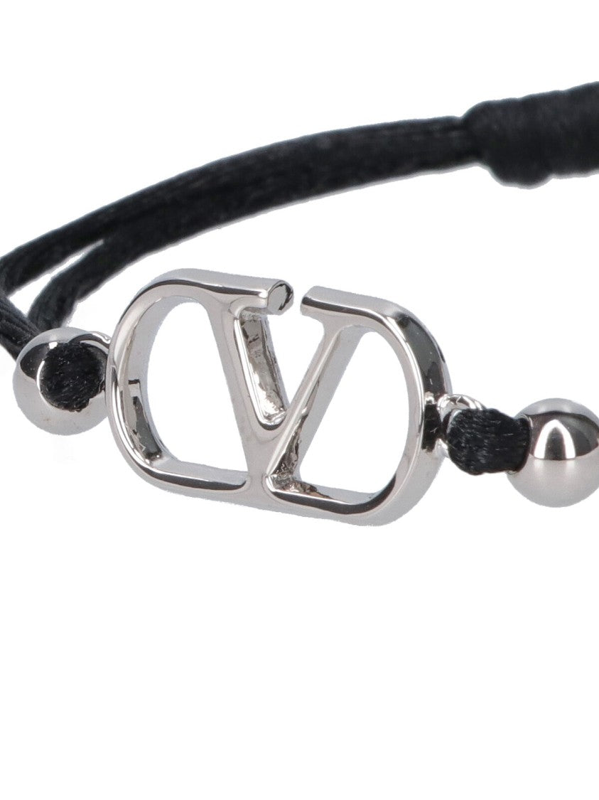 Valentino Garavani Black V Logo Silver Metal Bracelet