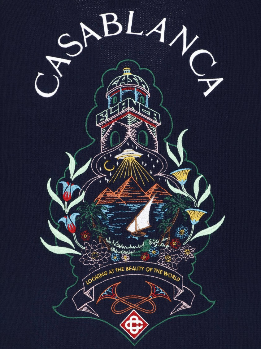 Casablanca Deep V-Neck Button-Down Sweater With Embroidered Designs