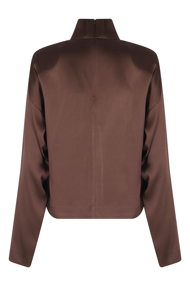 Federica Tosi Brown High-Neck Padded Shoulder Satin Blouse