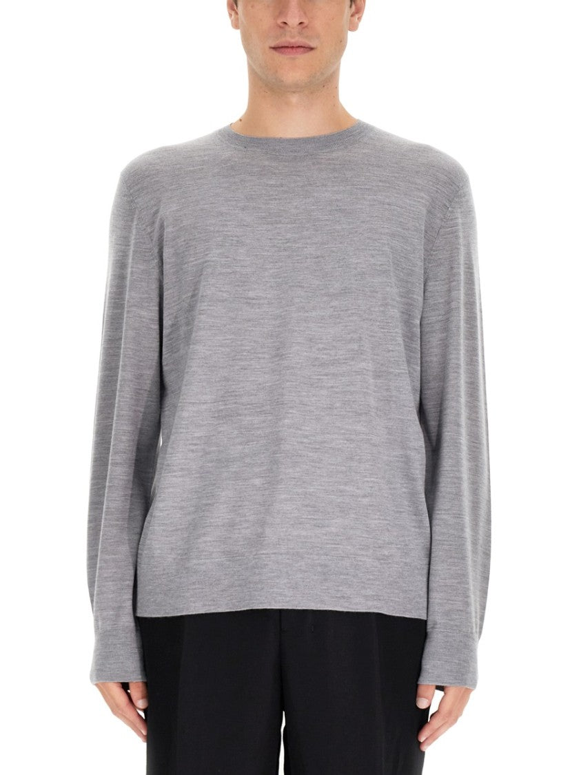 Theory Long-Sleeved Grey Wool Top With Classic Crew Neckline