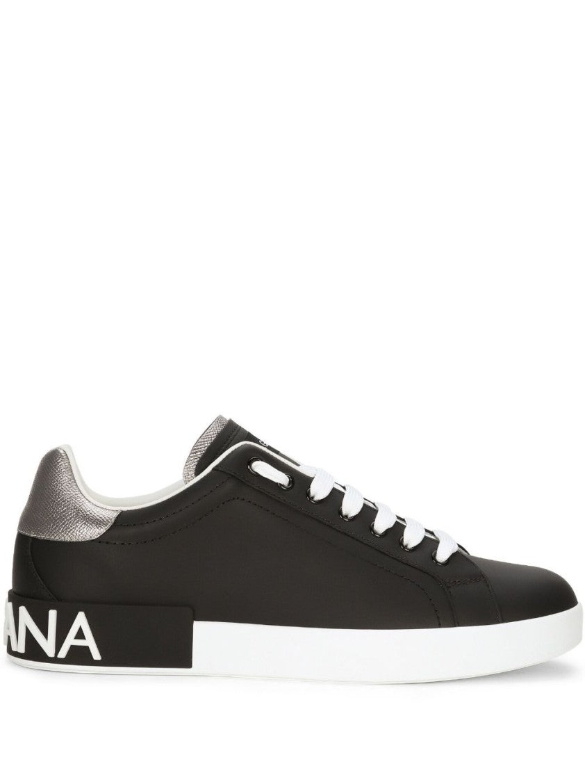 Dolce & Gabbana Laced Sneakers In Black Calfskin With Logo Patch