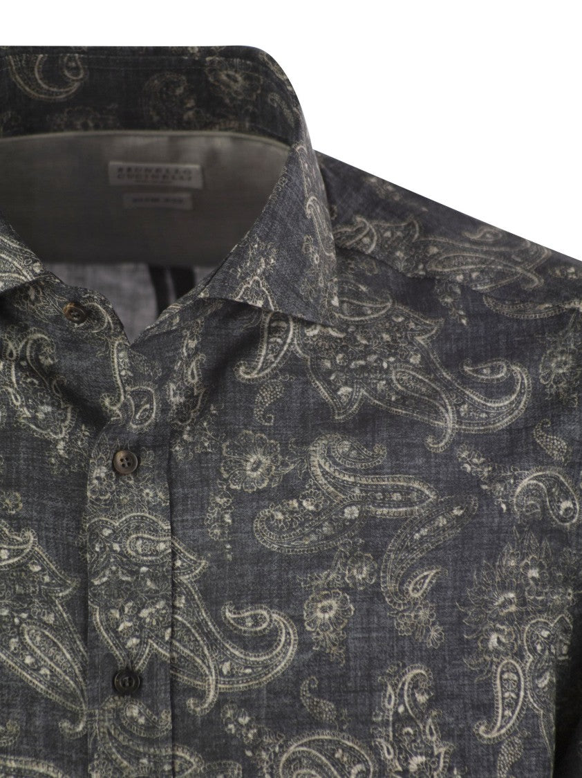Brunello Cucinelli Slim Fit Cotton Paisley Canvas Shirt