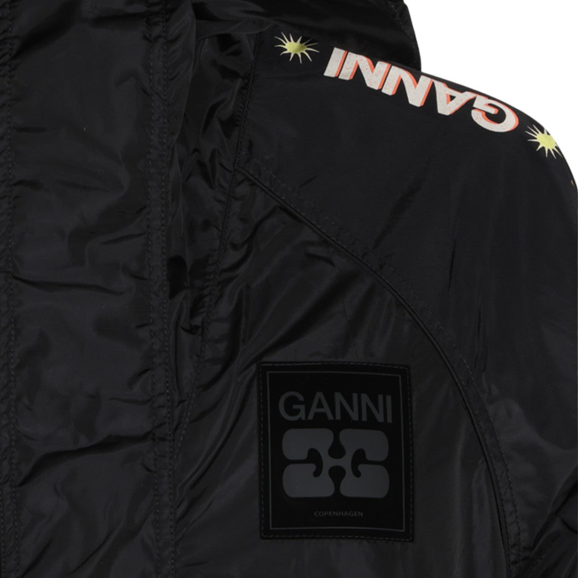Ganni Graphic Print Logo Hooded Short Coat
