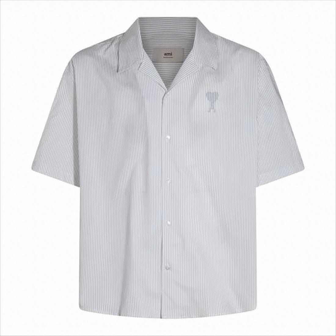 Ami Short-Sleeved Relaxed Fit Shirt With Vertical Pinstripes