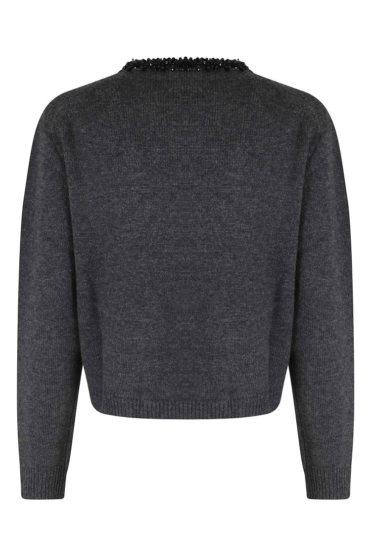 Semi Couture Cropped Gray Sweater With Rhinestone Embellishments