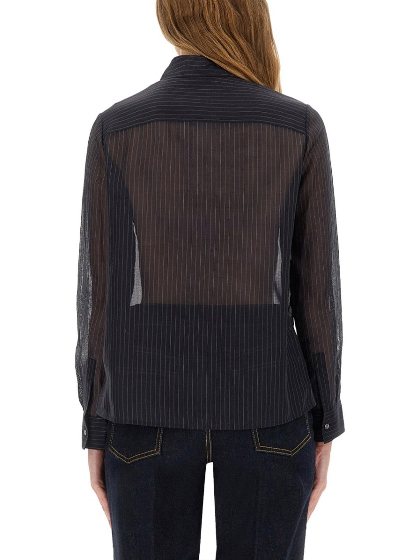 Tory Burch Vertical Stripe Cotton Shirt With Classic Collar And Chest Pocket