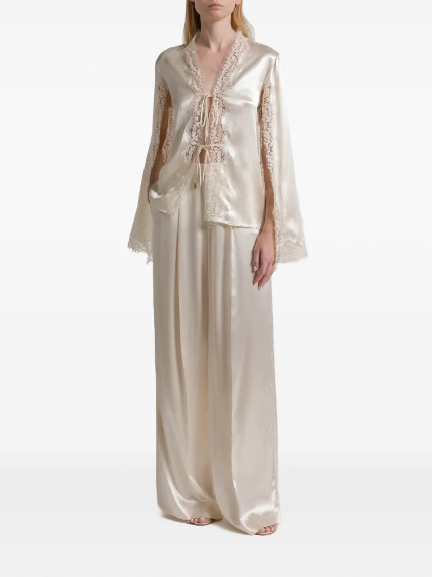 Alberta Ferretti Satin-Finish Blouse With Delicate Lace Trim And Tie Closures