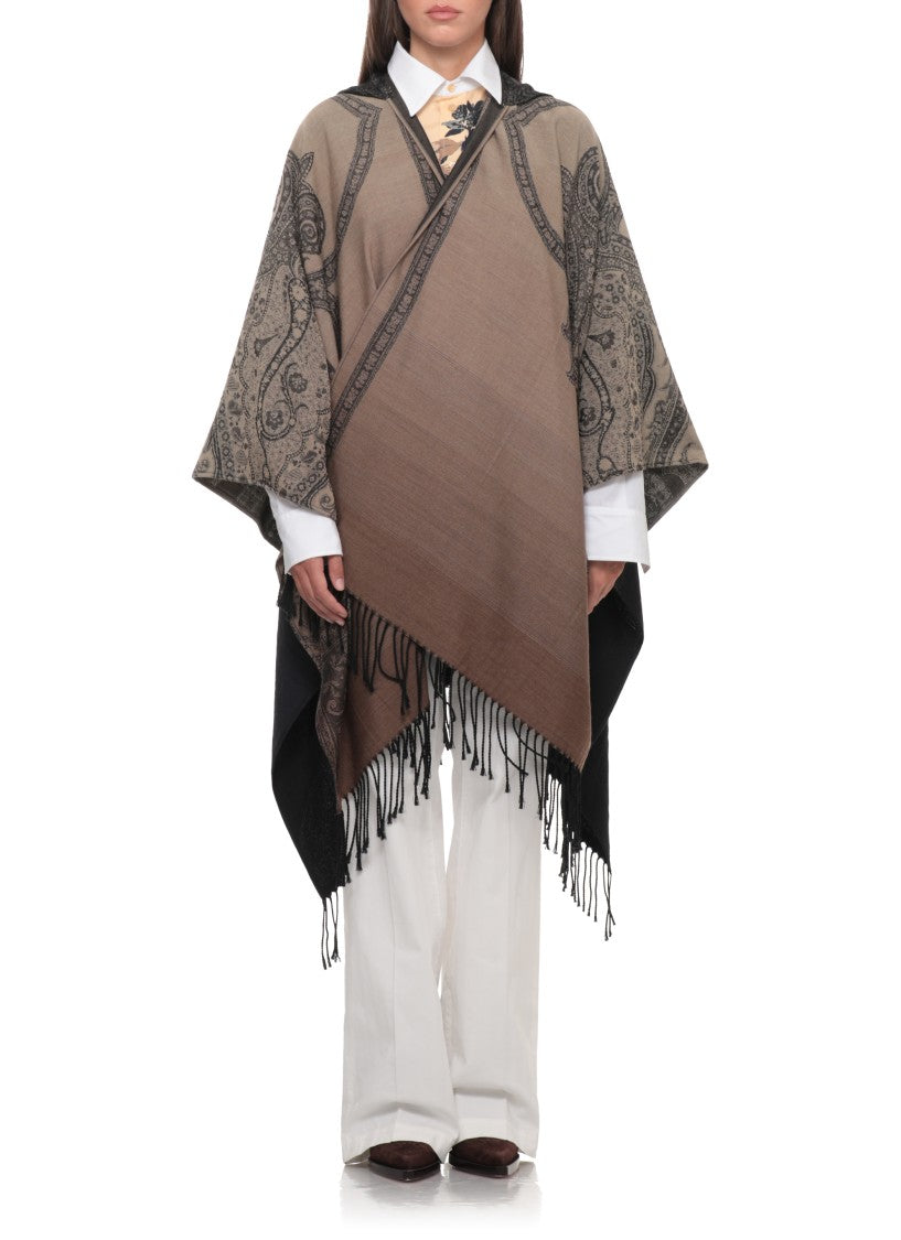 Etro Beige Wool Cape With Intricate Black Patterns