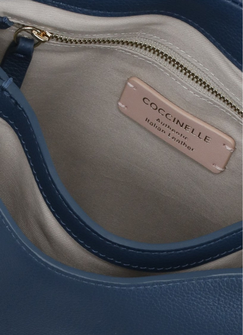 Coccinelle Structured Blue Leather Shoulder Bag With Adjustable Strap
