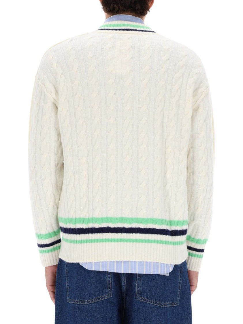 Lacoste Textured Cable Knit Sweater With Contrasting Stripes