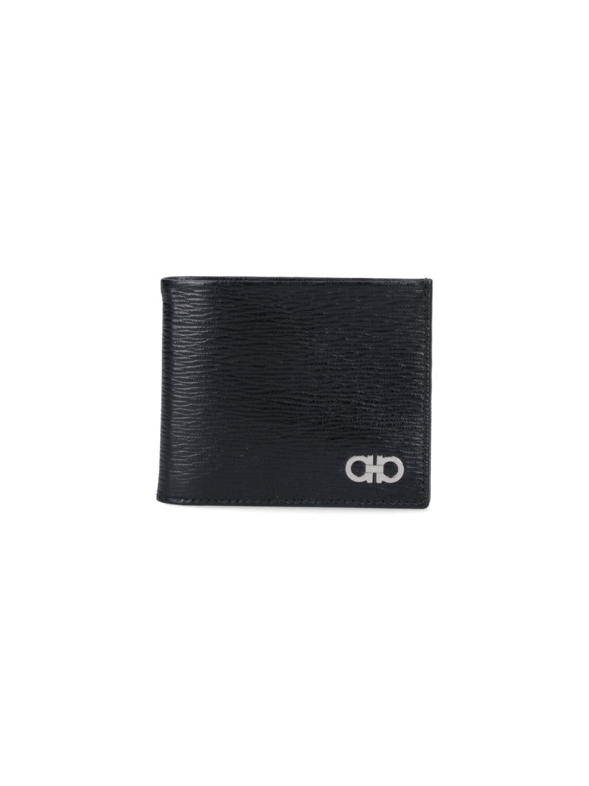 Ferragamo Black Gancini Crinkle Leather Bifold Wallet
