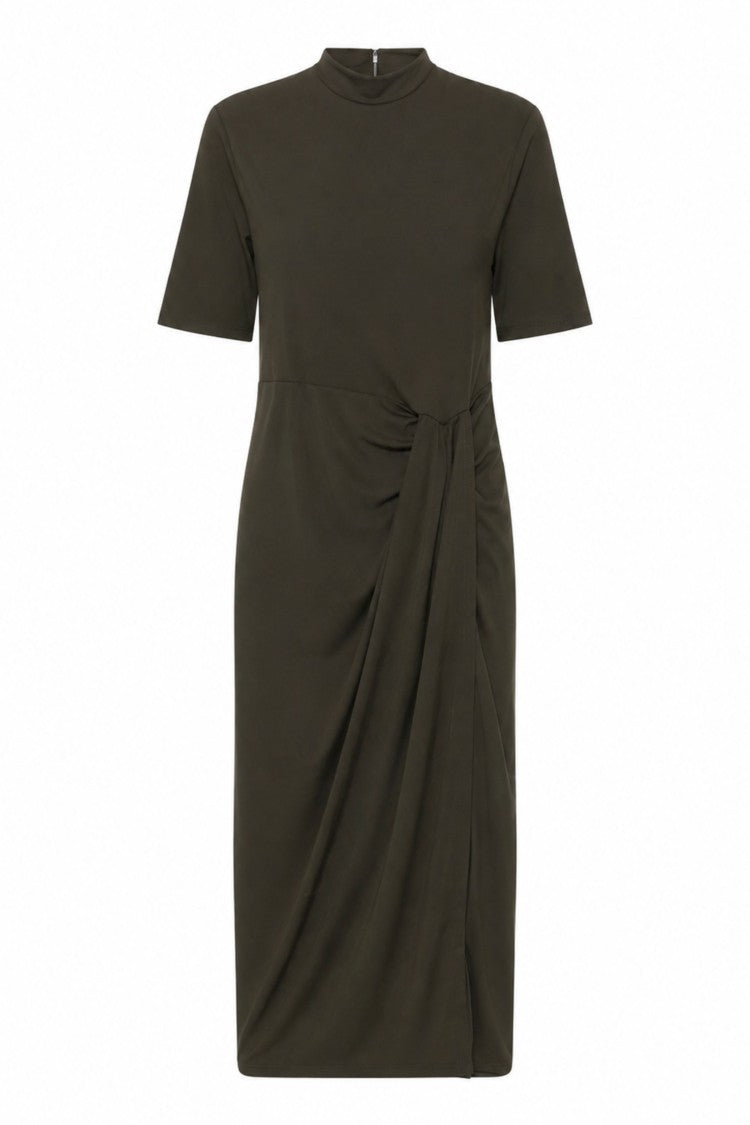 Rotate Olive Green High Neck Draped Waist Midi Dress