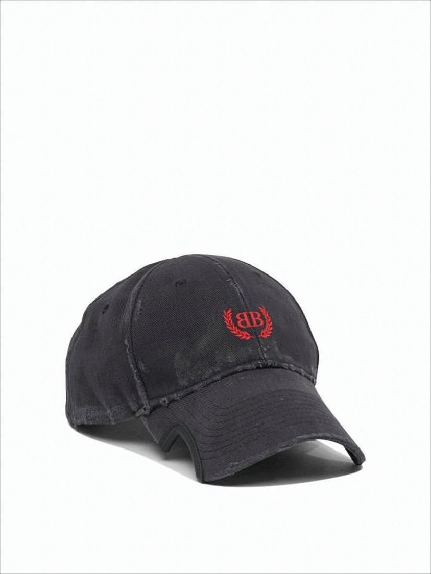 Balenciaga Distressed Black Cotton Baseball Cap With Embroidered Emblem