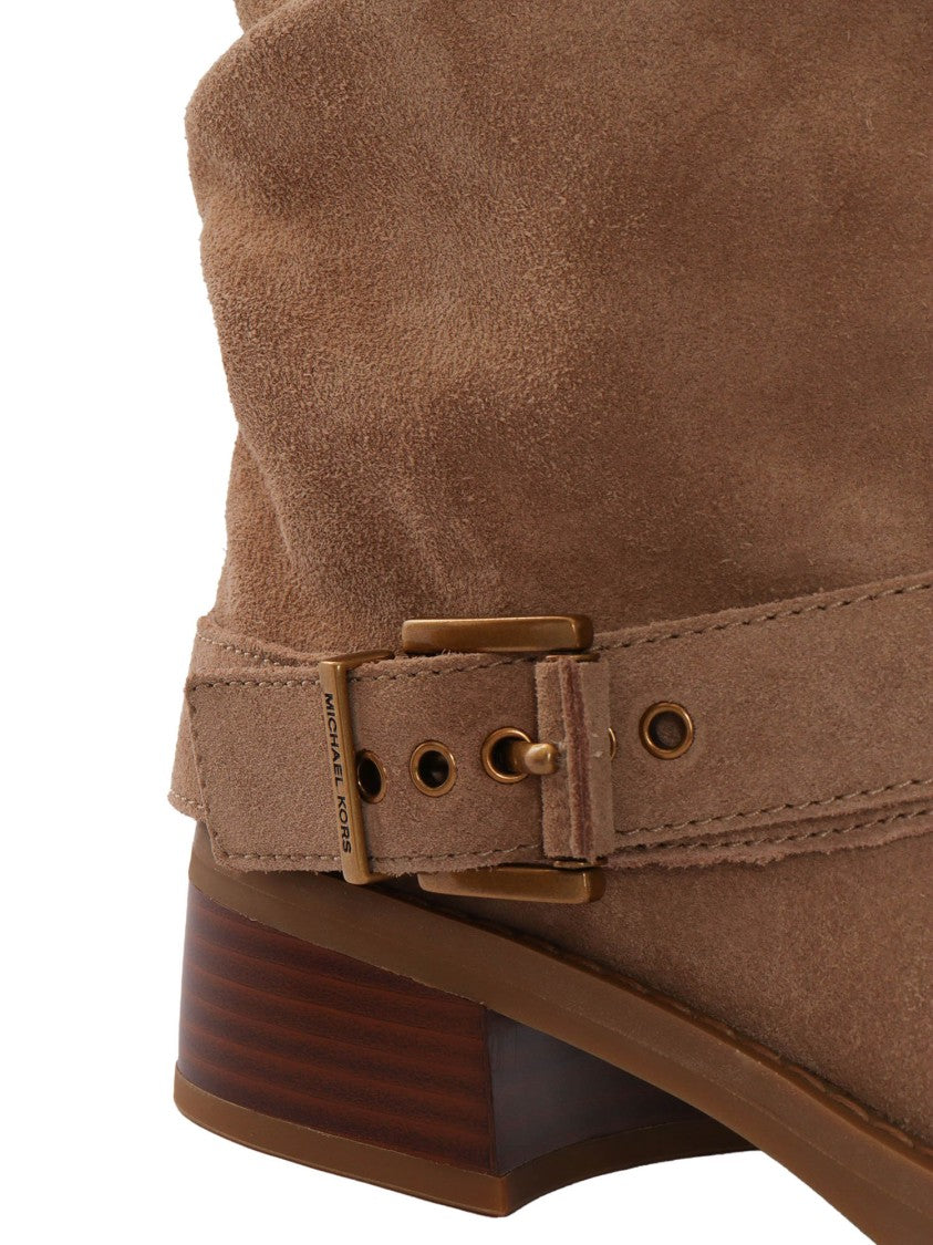 Michael Kors Brown Suede Slouchy Ankle Booties With Decorative Buckle