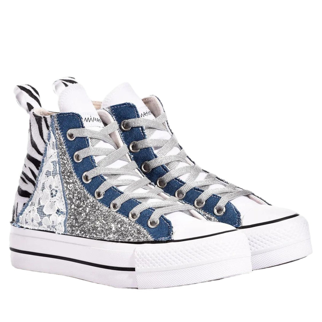 Converse Blue Handmade Zebra Lace Glitter Sneakers
