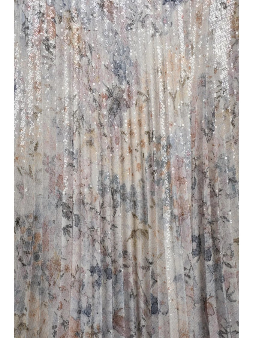 Golden Goose Beige/Sky Blue Sequin Pleated Long Skirt