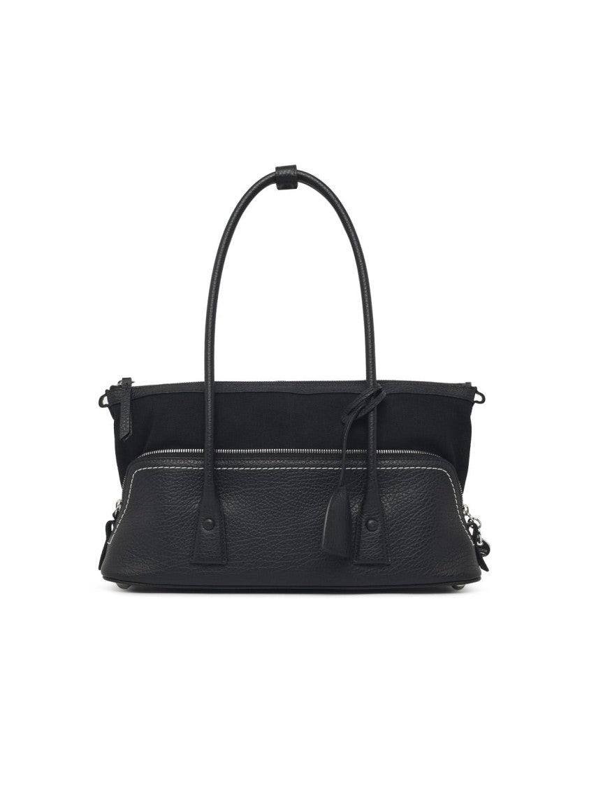 Maison Margiela Textured Black Leather Shoulder Bag With Fabric Accent
