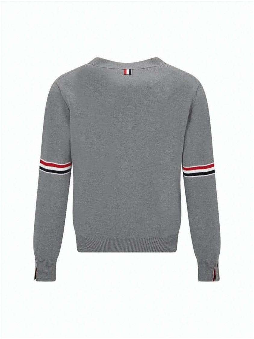 Thom Browne Grey Knit Cardigan With V-Neckline And Striped Detailing