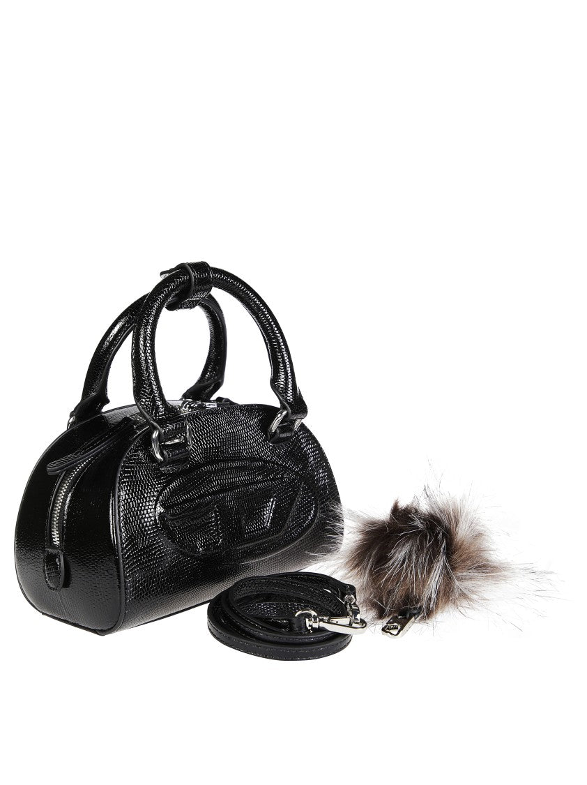 Diesel Textured Structured Black Handbag With Fur Pom-Pom