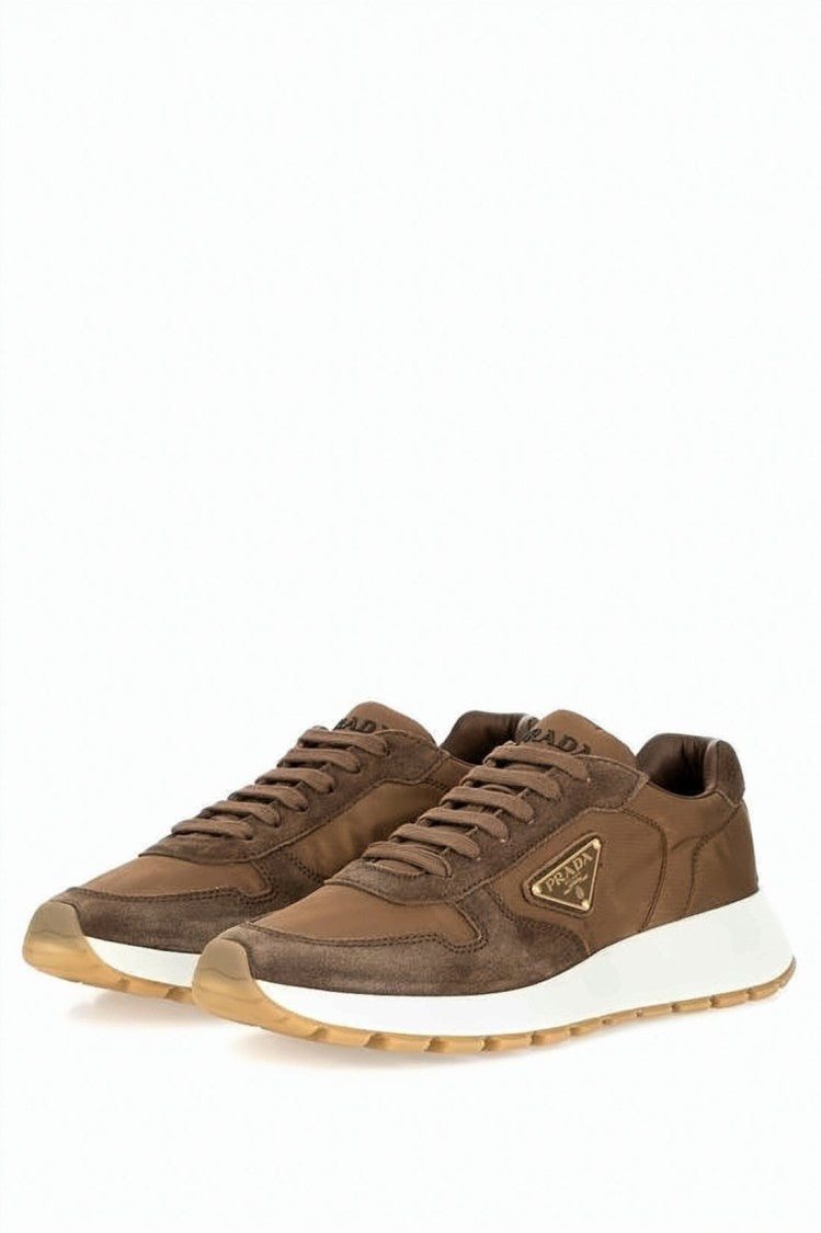 Prada Layered Brown Suede And Recycled Nylon Sneakers
