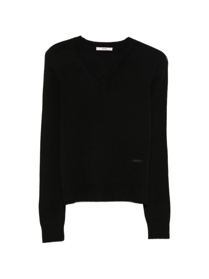 Fendi Black Knit Jacket With V-Neckline And Ribbed Details