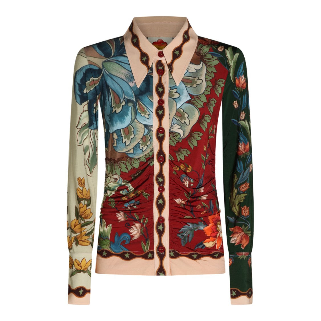 Farm Rio Floral Ruched Waist Pointed Collar Long-Sleeve Top