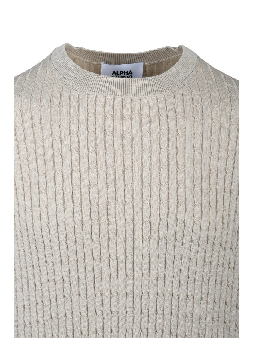 Alpha Studio Beige Cotton Cable Knit Crew Knit Top