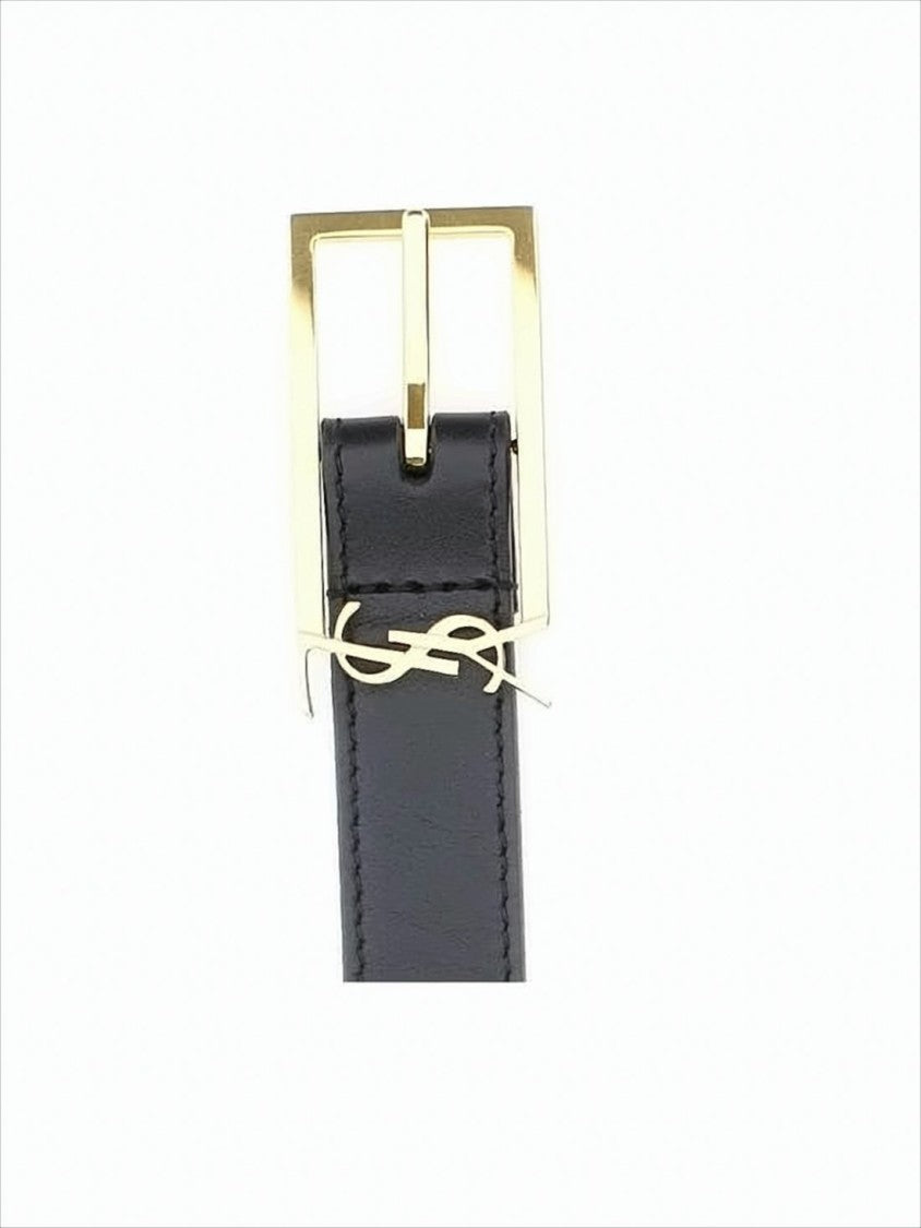 Saint Laurent Refined Black Calfskin Belt With Polished Gold-Tone Buckle