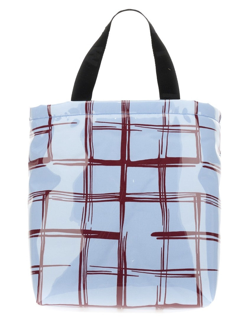 Marni Glossy Coated Canvas Tote Bag With Double Handles And Plaid Pattern