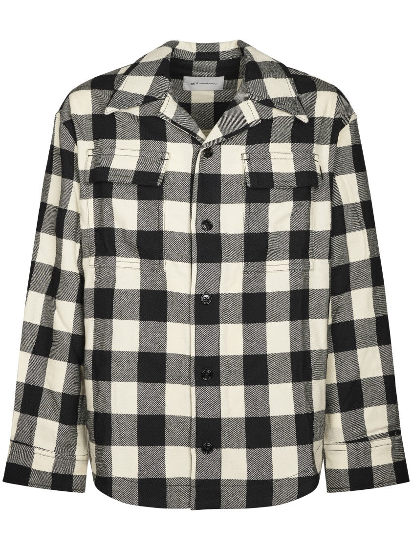 Ami Paris Checkered Overshirt With Wide Camp Collar And Patch Pockets