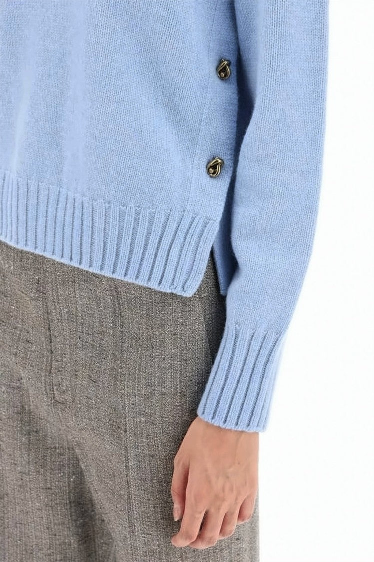 Bottega Veneta Cropped Blue Wool Sweater With Decorative Metal Buttons