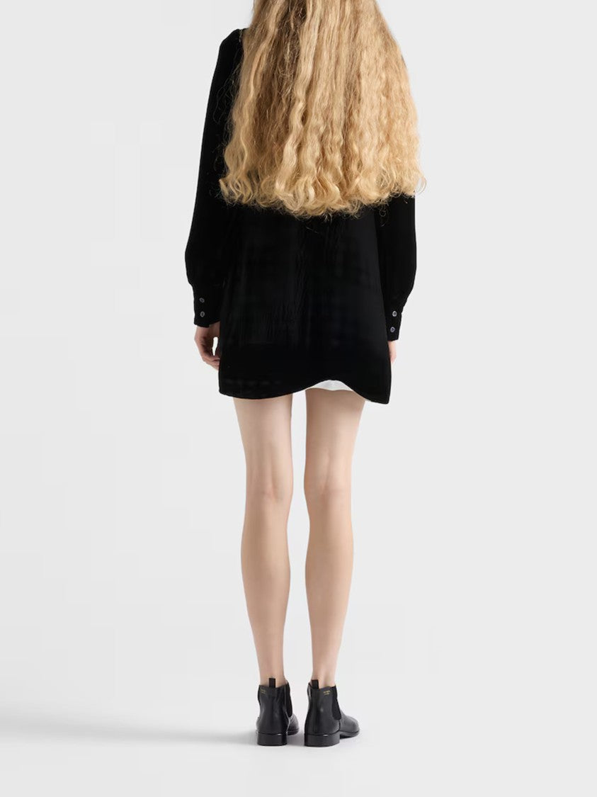 Prada Black Velvet Puffed-Sleeve Mini Dress